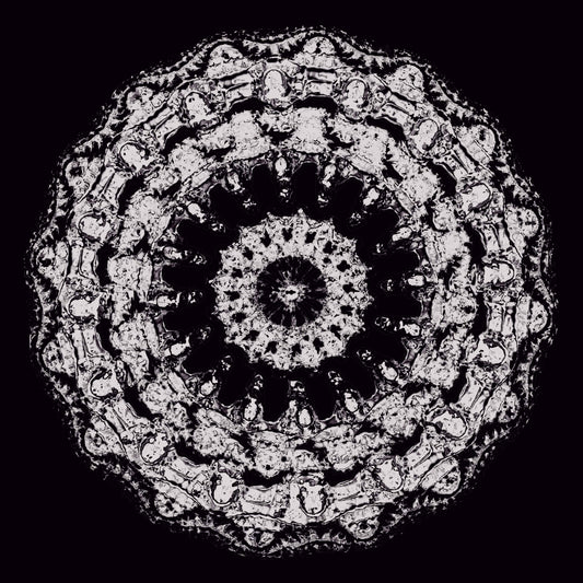 Polera negra manga corta. El diseño de esta polera presenta una ilustración de gran tamaño situada al centro. Tiene forma circular y se compone de muchos patrones repetidos, como una mandala o una flor abstracta. Está formada por varias capas concéntricas, donde cada anillo contiene detalles pequeños y texturas, generando sensación de relieve visual. Los colores principales son blanco y negro, con el fondo oscuro y la figura en tonos claros, lo que destaca mucho el dibujo central y sus detalles ornamentales